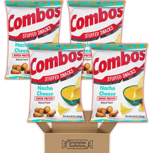 Combos Nacho Cheese Flavored Baked Pretzel Bulk Pack - 4 Separate 6.3 oz Bags for Over 24 Ounces Total - Stuffed Pretzel Snacks for Road Trips, School, Work in Cornershop Confections Pack