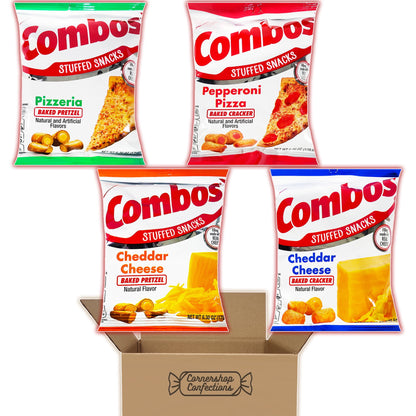 Combos Stuffed Snack 4 Flavors 1 Each Bulk Variety Share Pack - Pepperoni Pizza Baked Cracker, Cheddar Cheese Cracker, Pizzeria Baked Pretzel, Cheddar Cheese Pretzel In Cornershop Confections Pack
