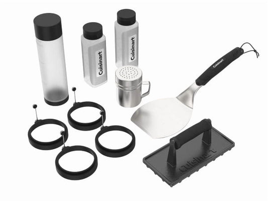 Cuisinart 10 Piece Griddle Tool Set, Stainless Steel Spatula, Cast Iron Burger Press, Squeeze Bottles, Seasoning Shaker, Silicone Egg Rings