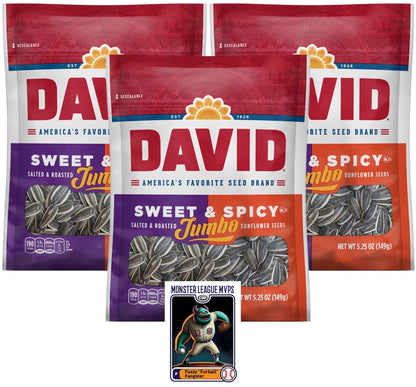 David Sweet & Spicy Jumbo Sunflower Seeds, 5.25 oz (Pack of 3) with By The Cup Baseball Card