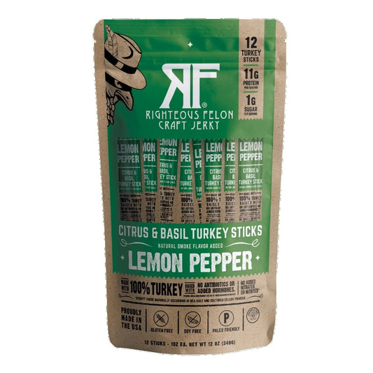 Righteous Felon Lemon Pepper Basil Turkey Stick, 1 Ounce (Pack of 12)