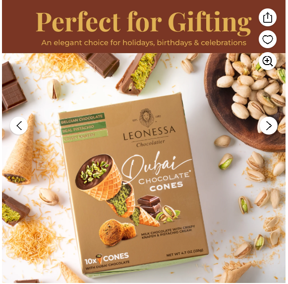 Leonessa Dubai Chocolate Cones with Pistachio Kunafa, Made with Belgian Chocolates, 4.7 oz