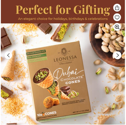 Leonessa Dubai Chocolate Cones with Pistachio Kunafa, Made with Belgian Chocolates, 4.7 oz