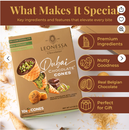 Leonessa Dubai Chocolate Cones with Pistachio Kunafa, Made with Belgian Chocolates, 4.7 oz