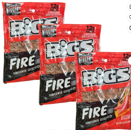 Bigs Fire Spicy Sunflower Seeds Snack 3.63 Oz 3 Pack, Roasted Hot and Tangy Flavor.