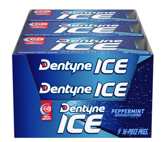 Dentyne Ice Peppermint Sugar Free Gum, 9 Packs of 16 Pieces (144 Total Pieces)