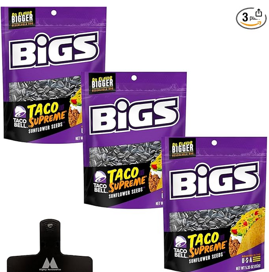 BIGS Flavored Sunflower Seeds - Taco Supreme - 5.35 Ounces Per Bag - In Mighty Merchandise Packaging, 140 Gram (Pack of 3), Total : 16.1 ounces