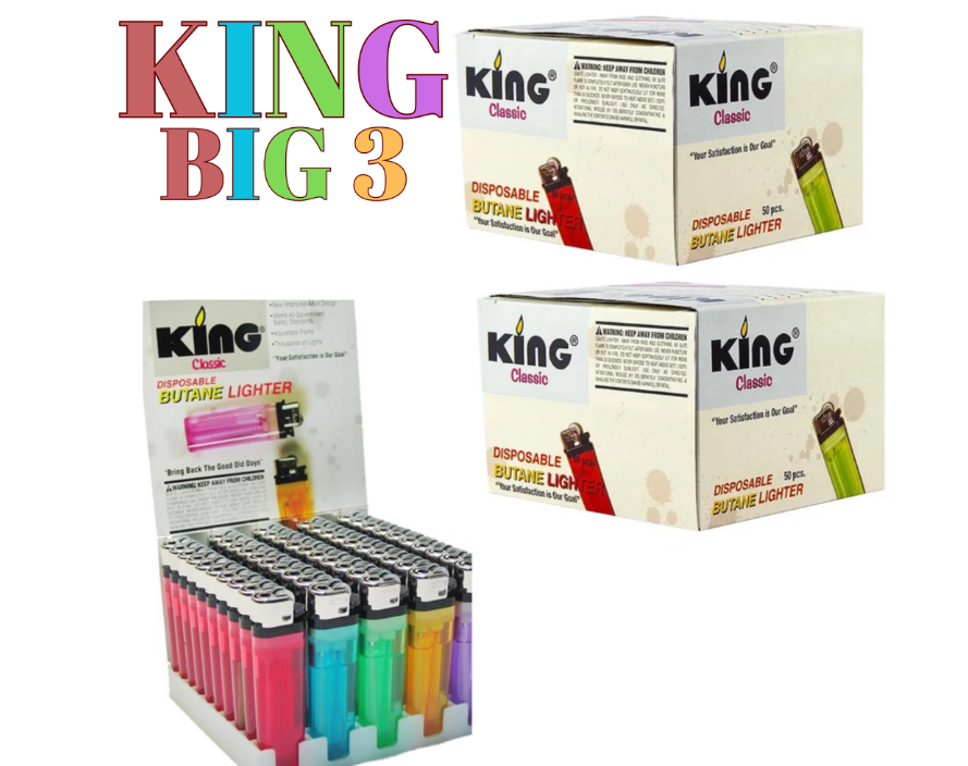 King Classic Disposable Butane Lighters Assorted Colors 50 Lighters Per Box 150 Count (Pack Of 3)