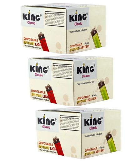 King Classic Disposable Butane Lighters Assorted Colors 50 Lighters Per Box 150 Count (Pack Of 3)
