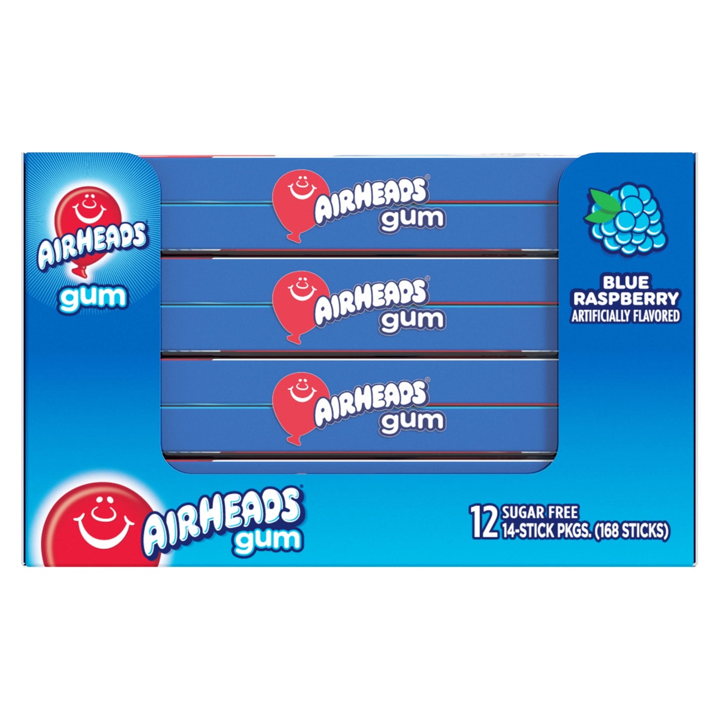 Airheads Candy, Chewing Gum, Blue Raspberry, Sugar Free, 14 Regular Size Sticks (12 Pack)