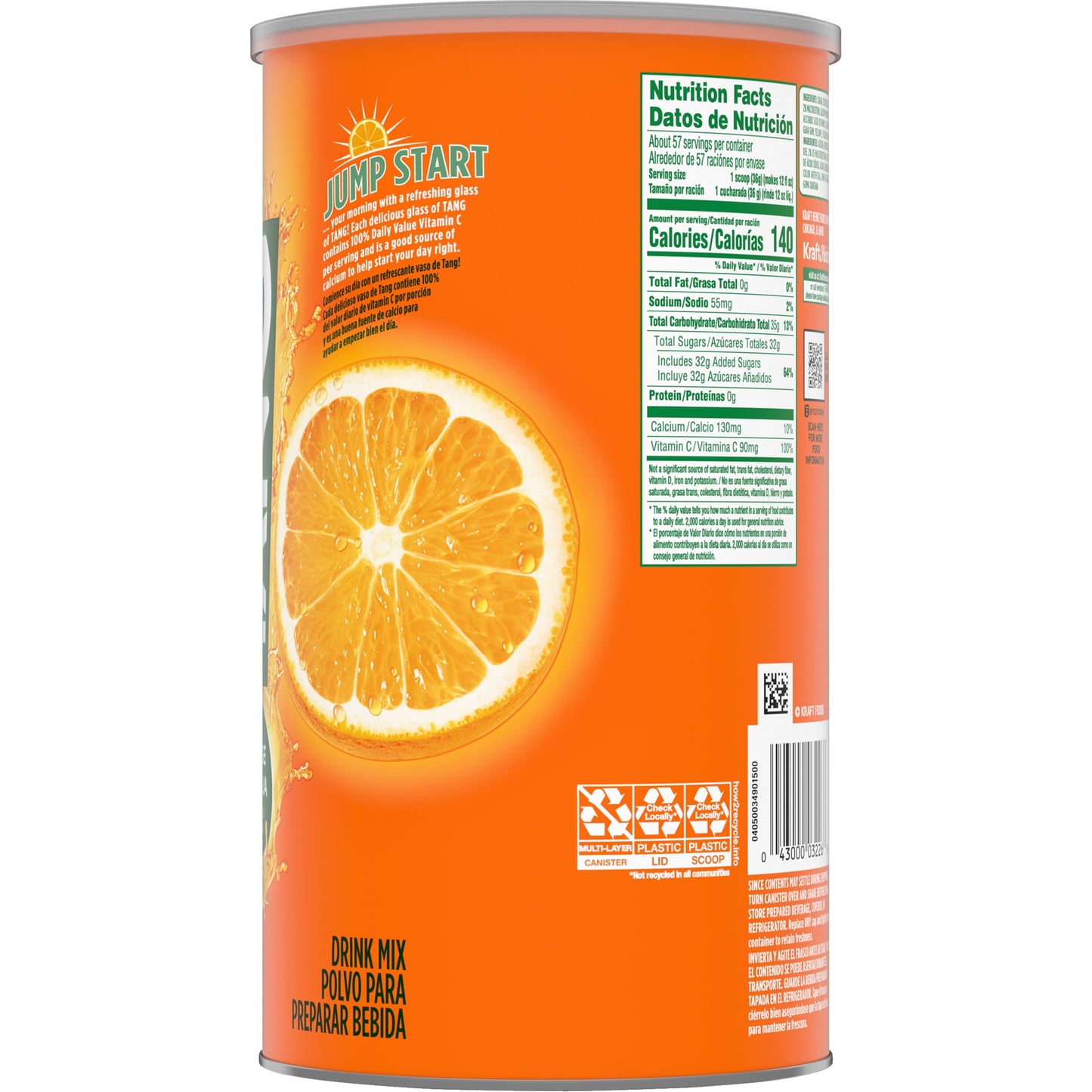 Tang Orange Naturally Flavored Powdered Soft Drink Mix, 4.5 lb Canister