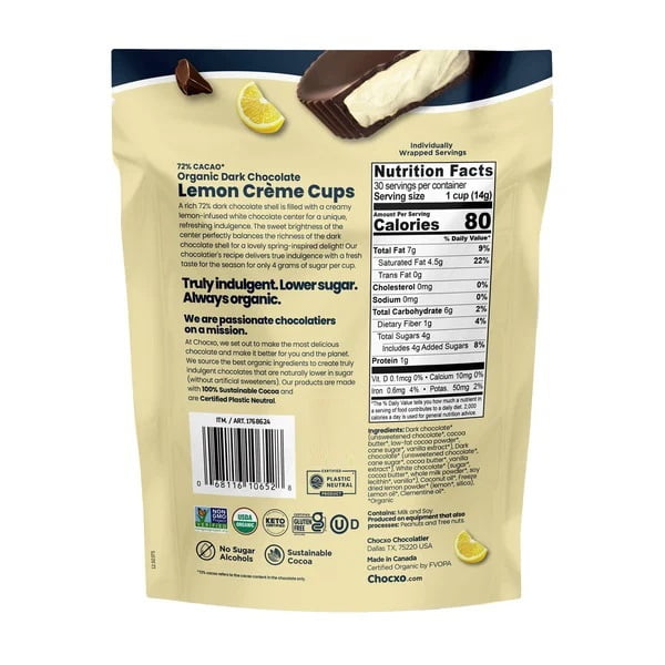 ChocXO Organic Dark Chocolate Lemon Creme Cups, 14.8 Ounce