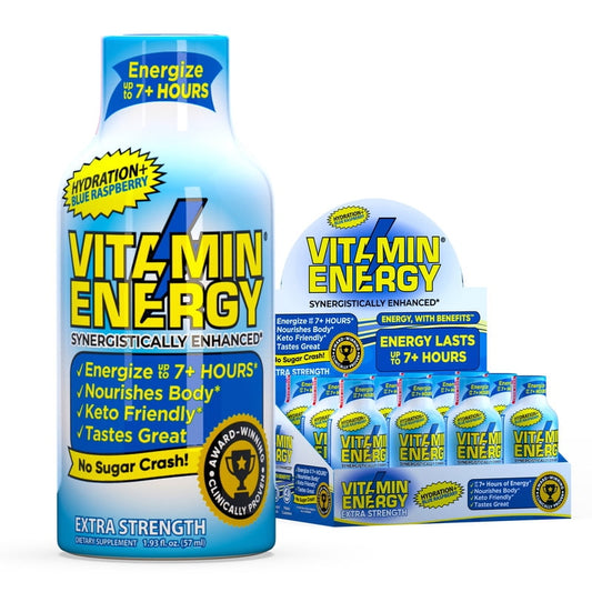 Vitamin Energy Hydration+ Energy Drink Shots, Blue Raspberry flavor, Up to 7+ Hours of Energy, 1.93 Fl Oz, 12 Count