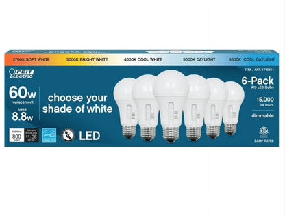 Feit Electric 60 Watt A19 E26 Dimmable LED Bulb Selectable Color (6-Pack) New