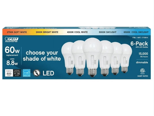 Feit Electric 60 Watt A19 E26 Dimmable LED Bulb Selectable Color (6-Pack) New