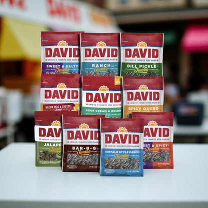 David Sunflower Seeds Variety Pack, 10 Bags May include BBQ, Dill Pickle, Ranch, Bacon Mac n Cheese, Buffalo Ranch, Sweet & Salty, Sweet & Spicy, Jalapeno, Sour Cream & Onion Or Spicy