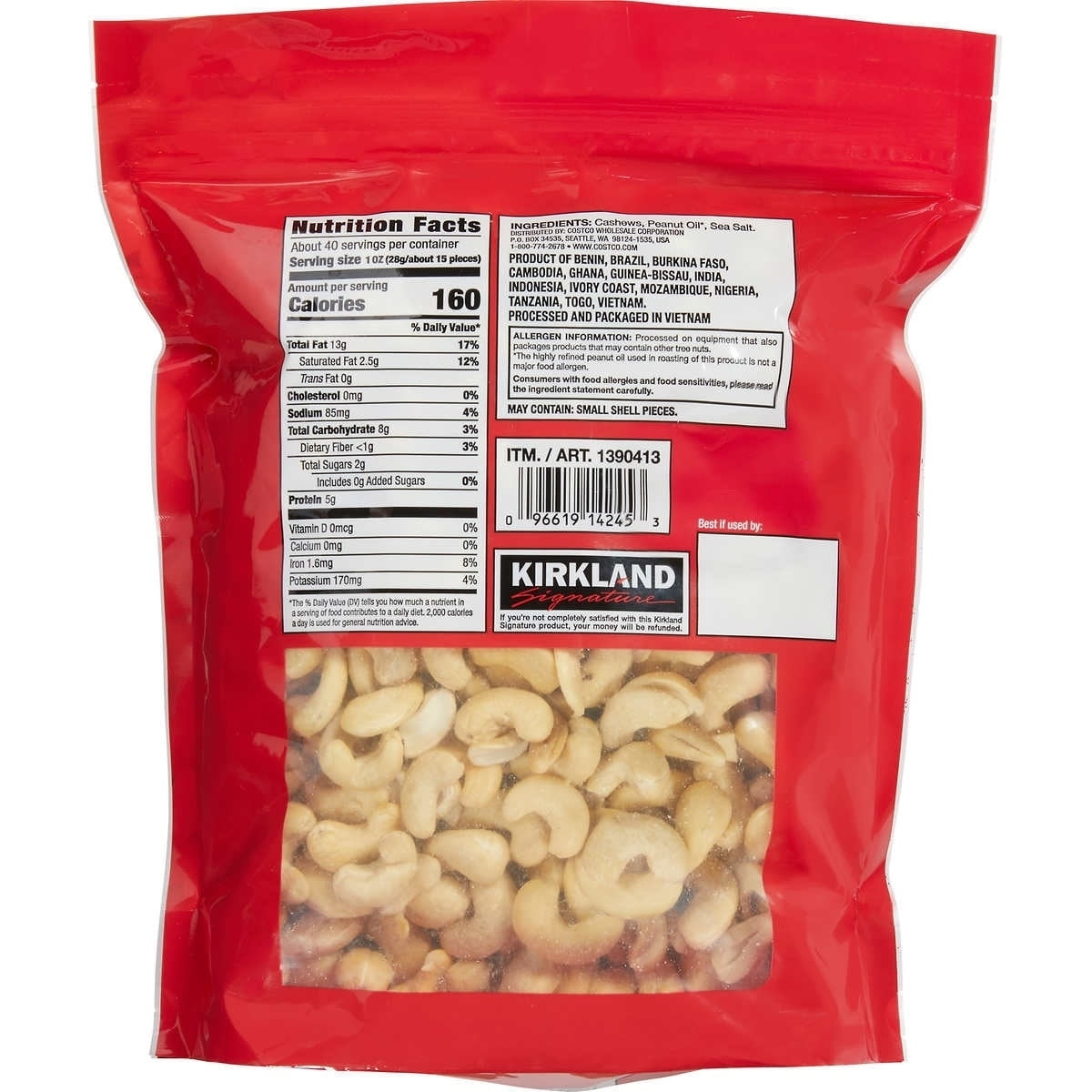 Kirkland Signature Fancy Whole Cashews with Sea Salt, 2.5 Pounds