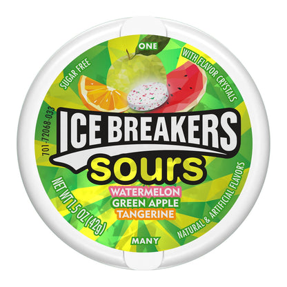 Ice Breakers Sours Assorted Fruit Flavored Sugar Free Mints, Tins 1.5 oz, 8 Count