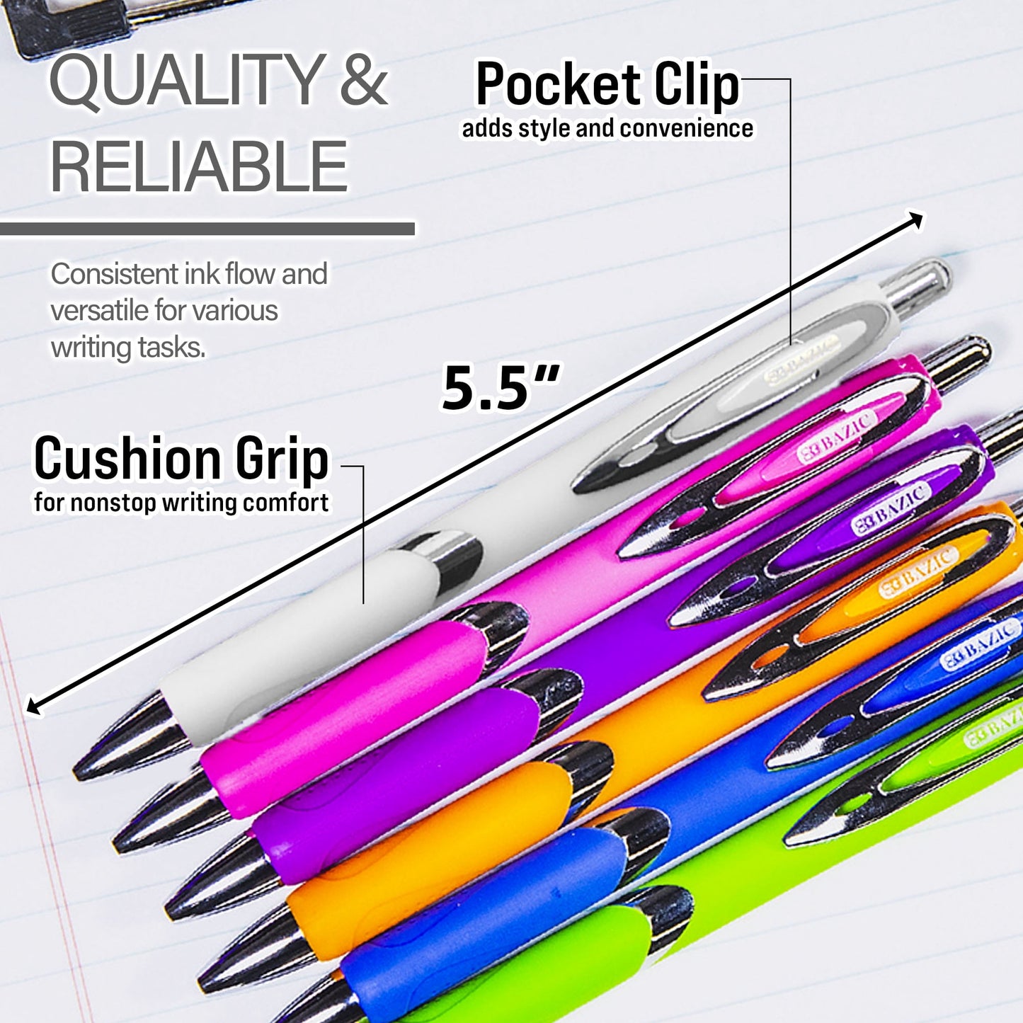 BAZIC Ciel Fuse Tech Ink Retractable Pen w/ Rubber Barrel, 0.7mm (2/Pack), 6-Pack