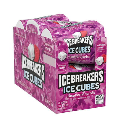 Ice Breakers Ice Cubes Raspberry Sorbet Sugar Free Chewing Gum, Bottles 3.24 oz, 6 Count, 40 Pieces