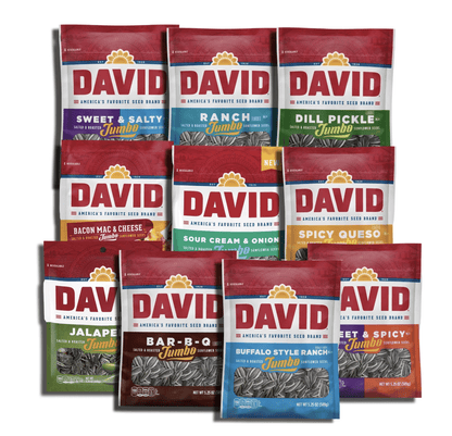 David Sunflower Seeds Variety Pack, 10 Bags May include BBQ, Dill Pickle, Ranch, Bacon Mac n Cheese, Buffalo Ranch, Sweet & Salty, Sweet & Spicy, Jalapeno, Sour Cream & Onion Or Spicy