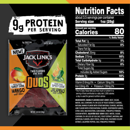 Jack Link's DUOsUMRT&nbsp;Jalapeño and Mango Beef Jerky, Shareable Under 100 Calories Snack Packs with 9g of Protein, Feed Your Beast Side With Individual Bags of Meat Snacks - 3.25oz (4 Count)