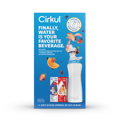 Cirkul 22 oz White Stainless Steel Bottle Starter Kit with Blue Lid and 2 Flavor Cartridges (Fruit Punch & Mixed Berry)