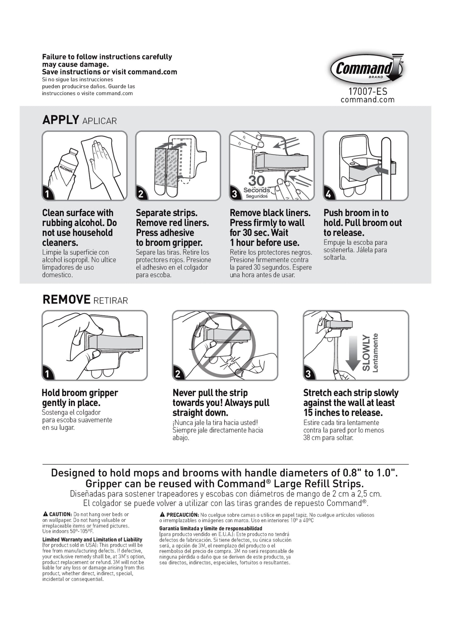 Command Broom and Mop Grippers Wall Hook, White, Damage Free Organizing, 2 Hangers