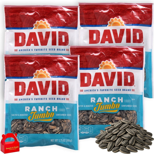 DAVID Jumbo Ranch Sunflower Seeds, 4-Pack (3.7 oz. Each) Bag, Roasted & Salted, Ranch Flavored Snack, Crunchy Keto Friendly Low Carb Snack for Sports, Travel, Camping, Movie Nights 14.8 oz. Total
