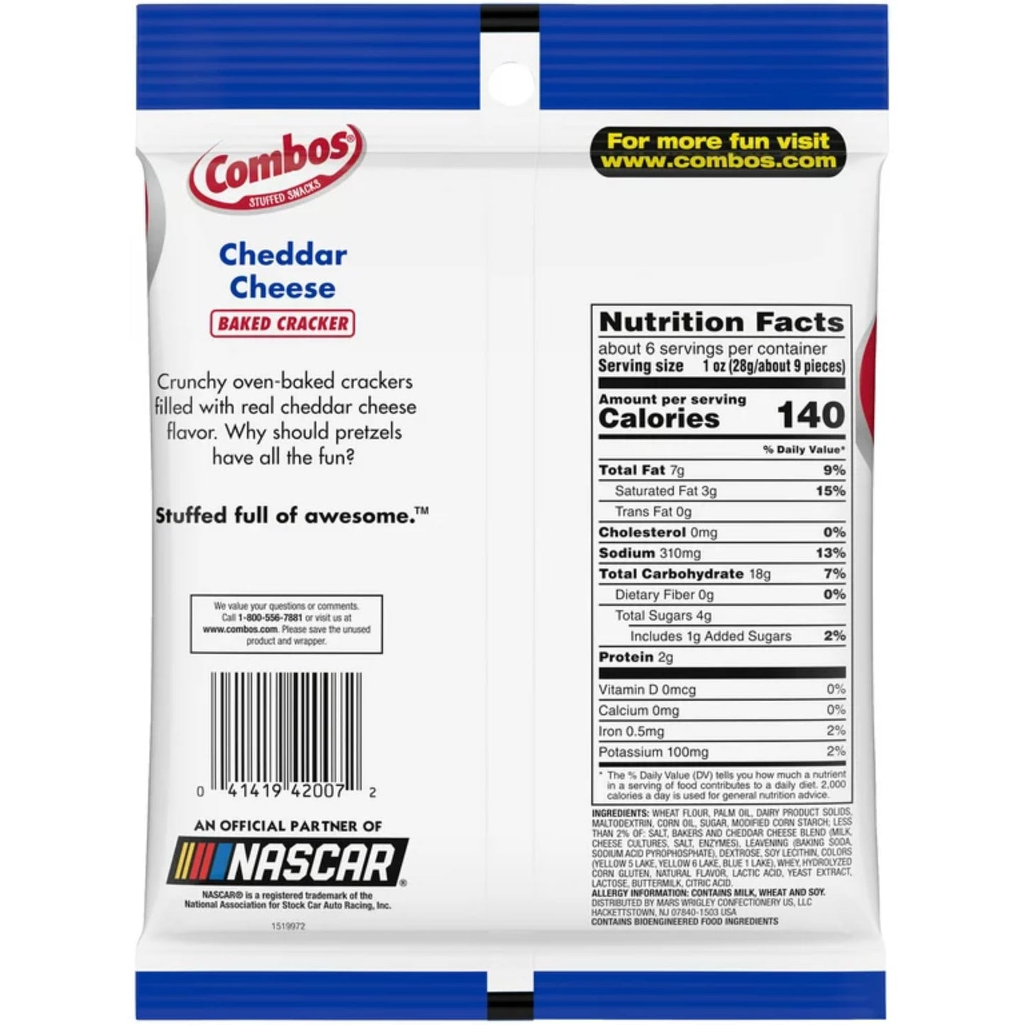 Combos Cheddar Cheese Baked Crackers, 6.3 oz Bag (pack of 2) with By The Cup Bag Clip