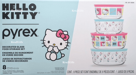 Pyrex Hello Kitty Decorated Glass Food Storage Set, 8-Piece, BPA-Free, Made in USA