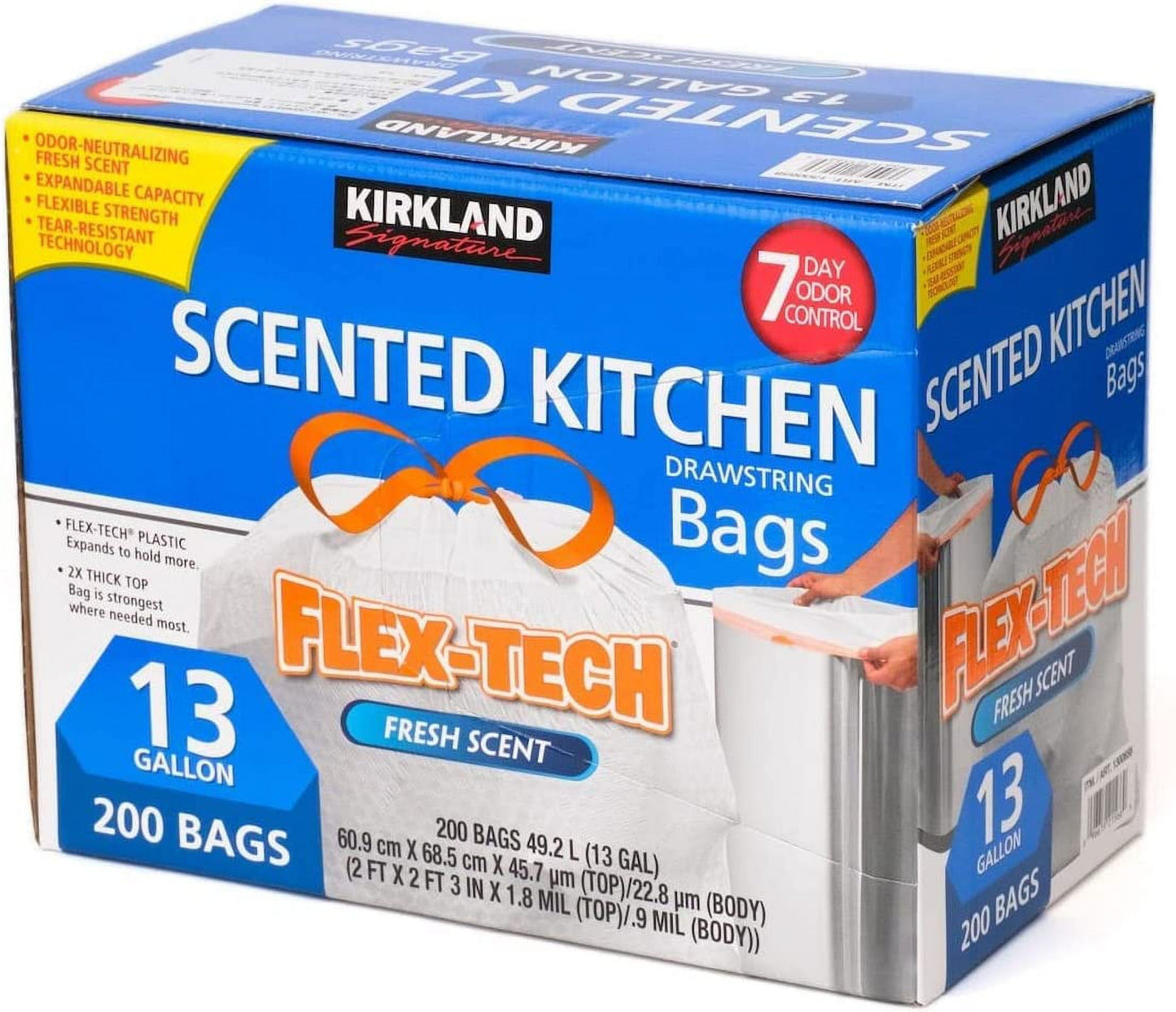 Kirkland Signature Flex-Tech Scented Kitchen Trash Bags, 13 Gallon, Fresh Scent, 200 ct