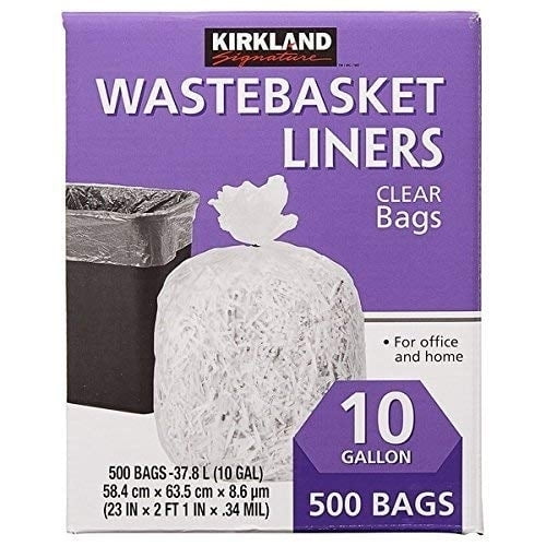 Kirkland Signature 10 Gallon Wastebasket Liners, 500 Bags, Clear