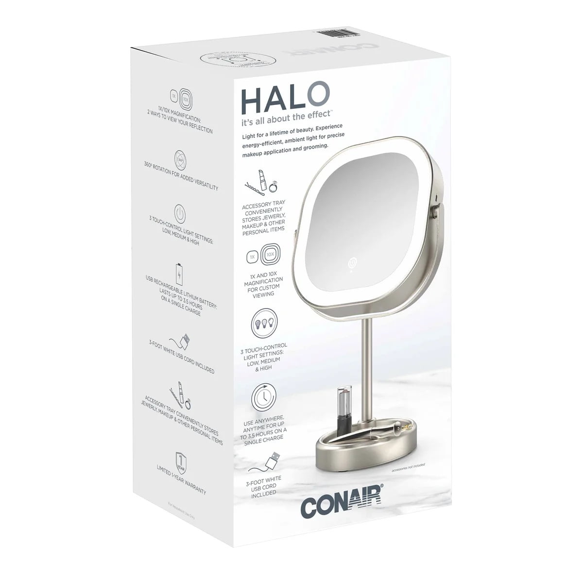 Conair Halo LED Double Sided 1x/10x Vanity Mirror 360? Rotation USB Rechargeable