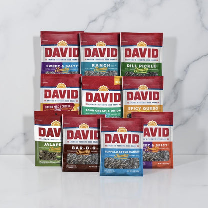 David Sunflower Seeds Variety Pack, 10 Bags May include BBQ, Dill Pickle, Ranch, Bacon Mac n Cheese, Buffalo Ranch, Sweet & Salty, Sweet & Spicy, Jalapeno, Sour Cream & Onion Or Spicy