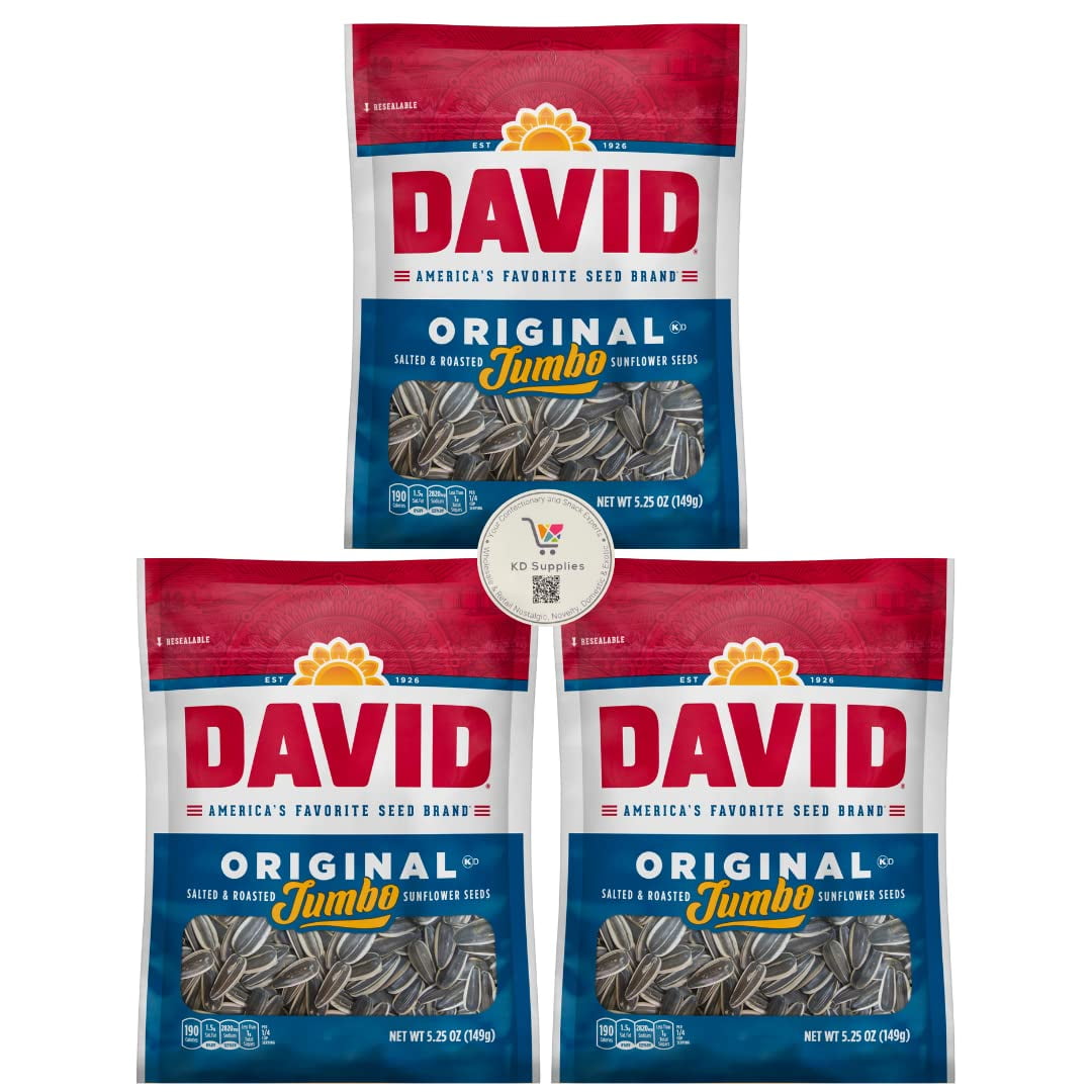 David's Salted & Roasted Sunflower Seeds, (Pack of 3) 5.25 oz Bags (Jumbo Original)