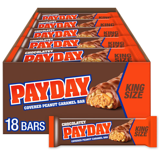 Payday Chocolatey Peanut Caramel King Size Candy, Bars 3.1 oz, 18 Count