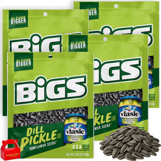BIGS Vlasic Dill Pickle Sunflower Seeds, 4-Pack (3.6 oz. Each), Keto Friendly Low Carb Snack, Roasted in USA, Bold Crunchy Flavor, Protein On-the-Go, 14.4 oz. Total