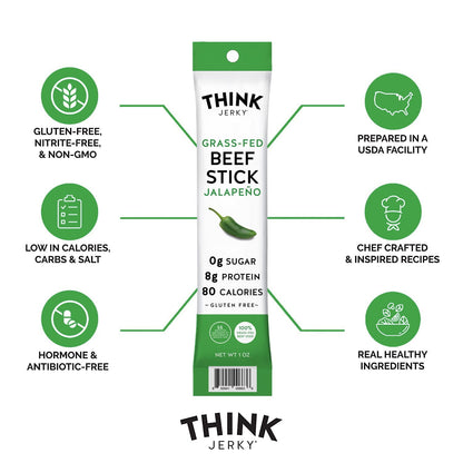 Think Jerky Jalapeno Beef Sticks, Gluten and Sugar Free, No Nitrates, Keto Paleo Friendly High Protein Low Carb Meat Snack - 1.0 oz Sticks, 20 Pack