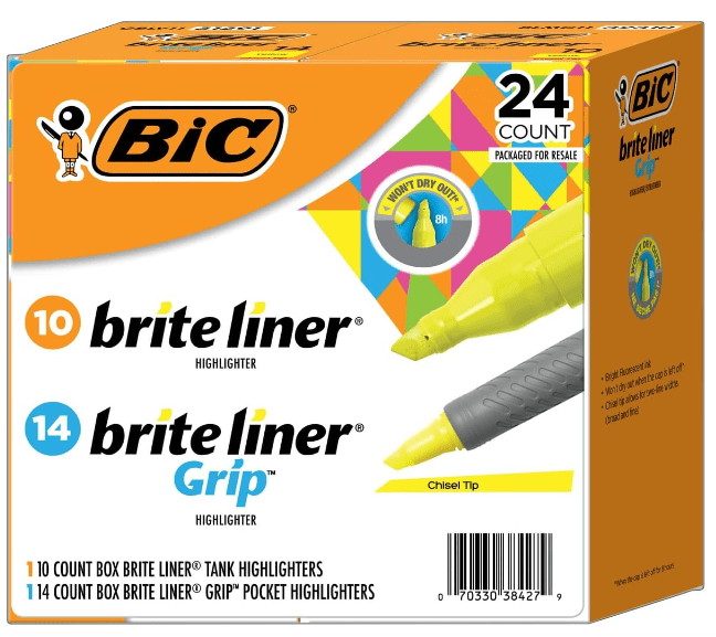 BIC Brite Liner Highlighter Combo Pack, Yellow, 24 ct