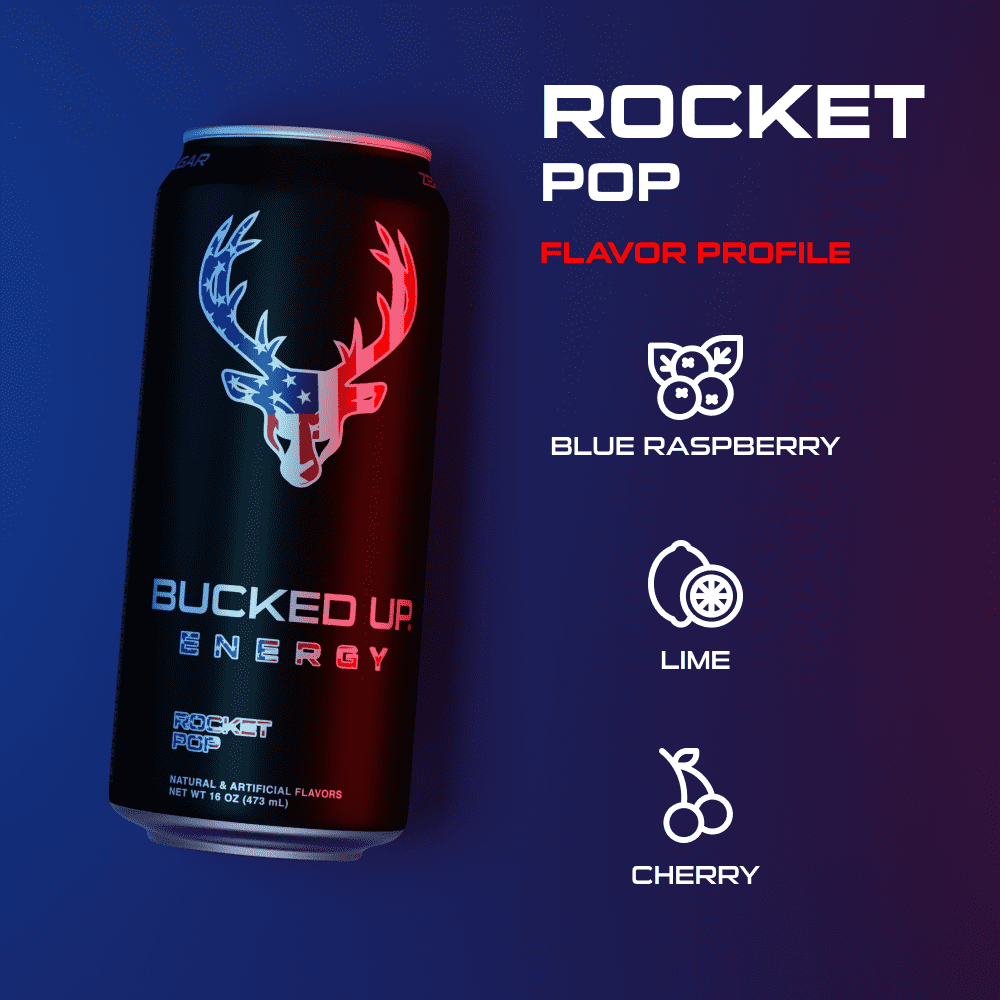 Bucked Up Energy Drink, Rocket Pop, 12 Cans, 16 fl oz, 300 mg Caffeine