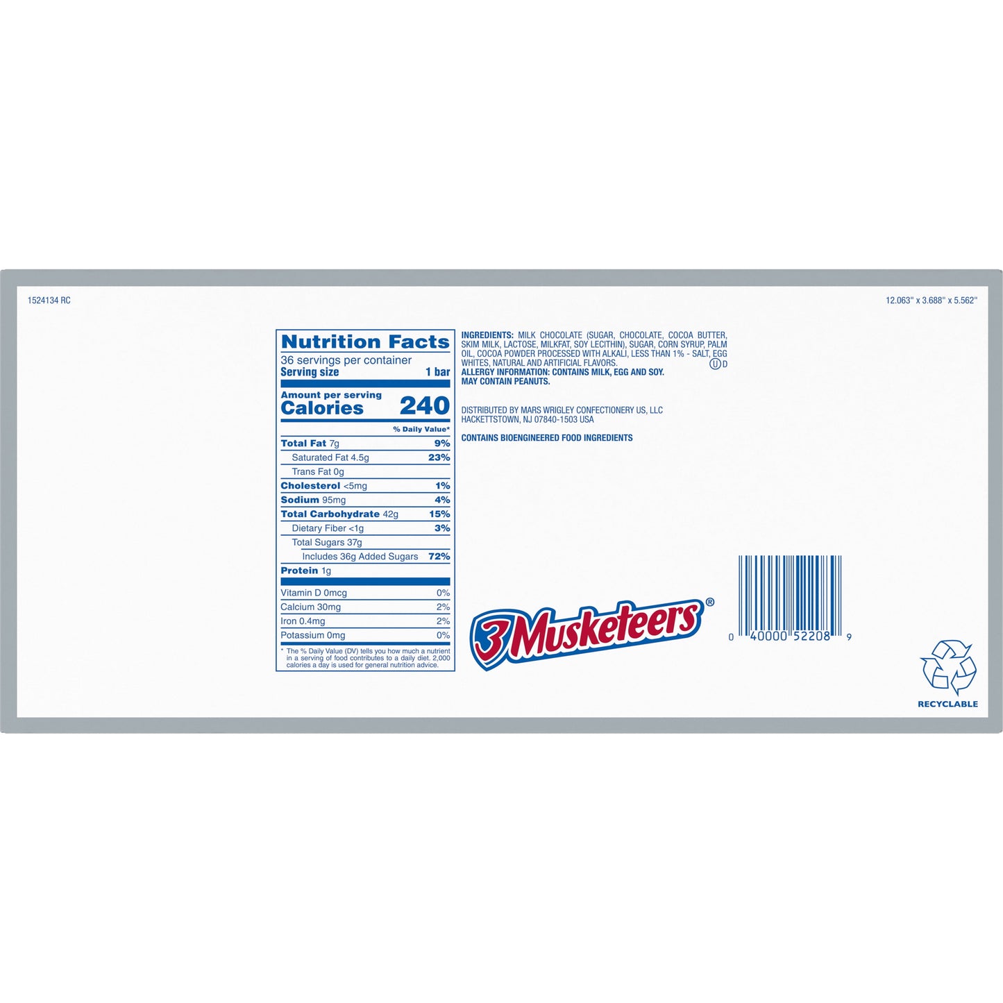 3 Musketeers Chocolate Candy Bars, Full Size - 1.92 oz, 36 ct